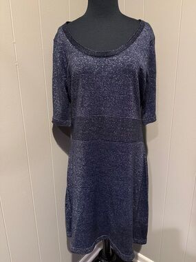 B38 Marc New York Andrew Marc Navy Metallic Knit Midi Dress with Scoop Neck